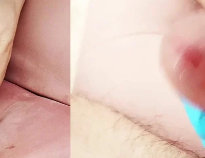 Blue Latex Glove Hand Hard Jerking off Huge Mushroom Head Cock with Cumshot